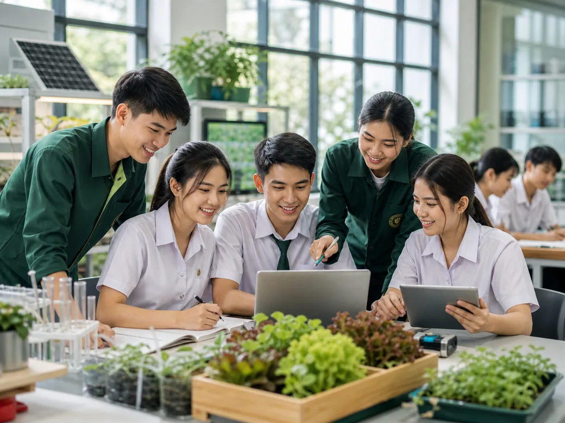 นักเรียนใช้เทคโนโลยีในห้องเรียนเกษตรอัจฉริยะ